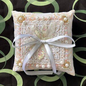 Bridal Wedding Ring Pilllow OOAK wt beads and sequins. Ameynra design handwork